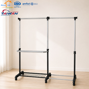 <b>Adjustable</b> Double Rail Rolling Clothes Garment Rack Heavy Duty Metal Drying Stand with Storage <b>Shelf</b> - Product Image 1