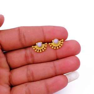 Natural Pink Zircon Stone Stud Earrings Rhodium Plated Handmade Sunburst <b>Fan</b> Design Women's Wholesale - Product Image 4