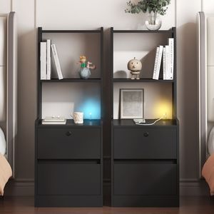 Juego Moderno de 2 Mesitas de Noche Inteligentes con Estación de Carga, Lámpara de Noche, Estantería y Mesa Auxiliar - Product Image 1