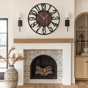 Grande horloge murale ronde en métal noir et bois, fonctionnant à piles, sans tic-tac, horloge décorative pour salon, bureau à domicile, cuisine - Product Image 6