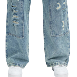 <b>Mens</b> Light Blue Distressed Wide Leg Jeans Relaxed Fit Ripped Denim Pants Vintage Washed Casual Streetwear <b>Trousers</b> Wholesale - Product Image 5