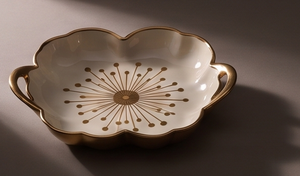 Plateau de service moderne en émail crème festonné, motif étoile, en métal avec poignées dorées, décoration esthétique pour la maison, pièce maîtresse - Product Image 3