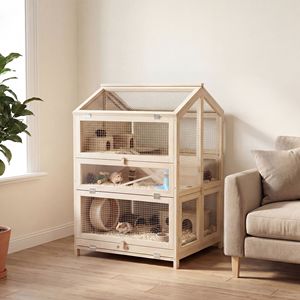 Gabbia Moderna per Criceti a 3 Livelli in Legno Grande 68 cm L x 61,5 cm L x 90 cm H con Vassoio Superiore Apribile e Dondoli - Taglia XS per Allevamento - Product Image 2