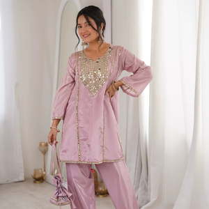 Pink Silk Salwar Kameez Co-ord Set <b>Mirror</b> Work Lace Quick Dry Short Kurti Trouser Modern Indian Festive Wear Party Women's All - Product Image 1
