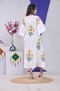 Women's Cotton <b>Kaftan</b> Dress V-Neck Floral Print Boho Knee-Length Loose Fit Short Sleeve Hand Block <b>Summer</b> Eco-Friendly Dress - Product Image 3