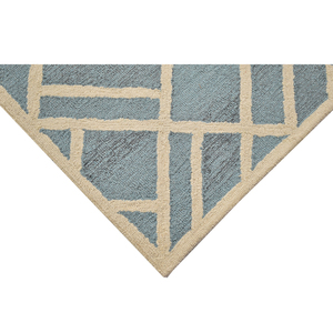 Tapis en laine tufté à la main à motifs géométriques modernes, style contemporain abstrait à lignes et blocs bleus et crème - Product Image 4