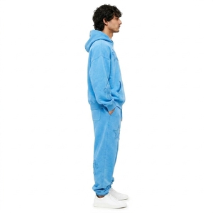 Men 2 Piece Distressed Tracksuit Set Oversized Hoodie Jogger Raw Edge Star Cross Patch Fleece Custom OEM Wholesale Manufacturer - Product Image 4