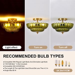 Plafoniera Moderna da Cucina a 3 Luci da 11,8 Pollici Semi-Incasso con Vetro Floreale Vintage, Alimentazione CA - Product Image 6