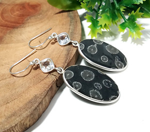 Natural Black Coral & Zircon Bohemian Wedding Earrings Solid 925 Sterling Silver Oval Dangle <b>Drop</b> Handmade Jewelry Gift Women - Product Image 4