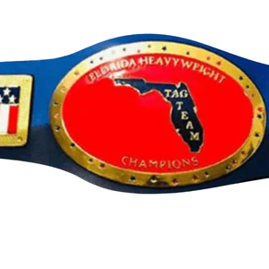 Ceinture de champion de la lutte en équipe de la catégorie poids lourd de la Floride, plaque rouge avec carte de la Floride et design du drapeau américain, sangle bleue - Product Image 2