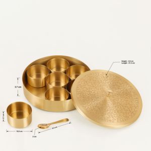 Boîte à masala décorative en cuivre avec couvercle, boîte à masala indienne, organiseur d'épices en laiton, récipient de rangement rond pour la cuisine, pour un usage domestique - Product Image 4