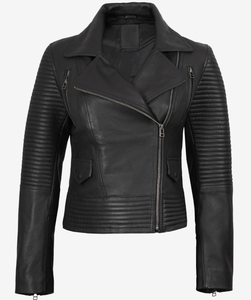 SBEA IMPEX Womens Black Genuine Leather Biker Jacket Slim Fit Asymmetrical Zip Moto Jacket <b>Quilted</b> Padded Puff Sleeves Crew - Product Image 3