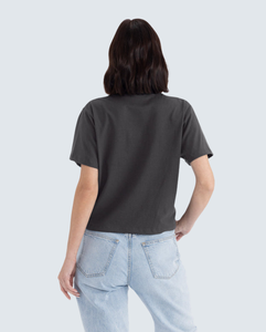 Haut court noir à col rond pour femme, manches courtes, coupe ample, couleur unie, décontracté, printemps-été, tissu jersey 100% coton - Product Image 2