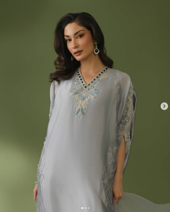 Women's Light Blue <b>Silk</b> <b>Kurta</b> Floor-Length Traditional Indian Pakistani Wedding Wear Loose Fit Embroidered Design - Product Image 1