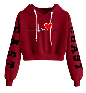 <b>Women's</b> <b>Red</b> Hooded <b>Sweatshirt</b> With Heart ECG Print Full Sleeve Casual Crop Top Autumn Wear - Product Image 1