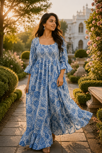 Vestido Maxi de Algodón con Estampado a Mano de Jaipur, India, Vestido Largo Floral Tradicional Hecho a Mano, Prenda de Verano Transpirable Hecha por Artesanos - Product Image 6