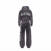 Ensemble de survêtement vintage personnalisé pour femme, comprenant un sweat à capuche court croisé gris anthracite délavé à l'acide et un pantalon de jogging à jambe large, en molleton de coton avec ceinture brodée