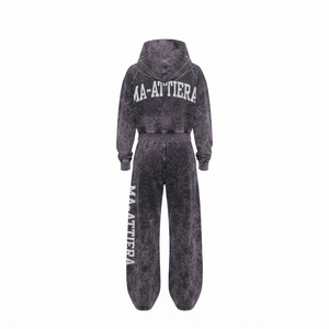 Custom <b>Women</b> Acid Wash Charcoal Gray Cropped Wrap Hoodie Wide Leg <b>Jogger</b> Set Cotton Fleece Embroidered Belt Vintage Tracksuit - Product Image 2