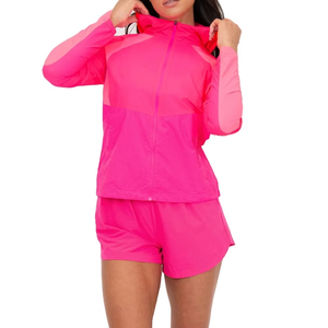 Custom Pink Women Nylon Running Shorts Set Lightweight Hooded Windbreaker Quick Dry Activewear OEM ODM Supplier - Product Image 1