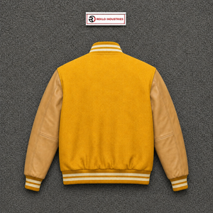 Chaqueta Varsity Premium de Lana Dorada con Mangas de Cuero Beige, Chaqueta Bomber de Béisbol Personalizada con Letras, para Hombre y Mujer, Venta al Por Mayor - Product Image 6