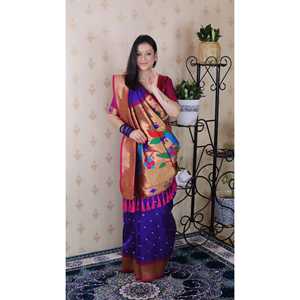 Sari en soie Paithani Bandhani violet tissé avec des fils Zari, élégant, robe de mariée, 650g - Product Image 2