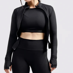 Sets Women <b>Long</b>-<b>Sleeved</b> Sports Casual Fitness Jacket Breathable <b>Top</b> Yoga Wear Slim Fit with Front Logo Plus Size - Product Image 3