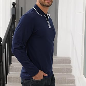 Polo à manches longues pour homme – T-shirt de golf décontracté à col boutonné avec poche, couleur unie - Product Image 4