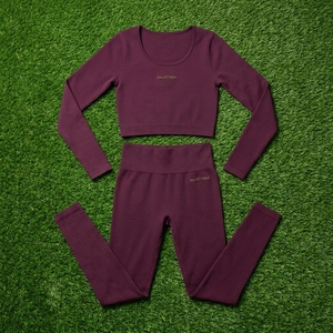 Women Burgundy Ribbed <b>Long</b> <b>Sleeve</b> Crop Top High Waist Leggings Yoga <b>Set</b> <b>Gym</b> Fitness Workout Activewear <b>Set</b> - Product Image 6