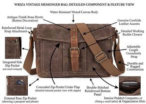 Sac messager en toile cirée et cuir vintage imperméable Wriza Small pour homme, sac bandoulière de voyage et de travail avec accents de boucles - Product Image 2
