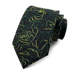 Cravate en soie noire néon vert citron à motifs linéaires, motif rose contemporain, imprimé accrocheur, accessoires élégants pour événements - Product Image 1