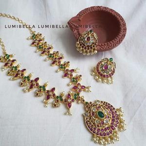 Antique Gold Plated Coral Bridal Necklace and Earring Set with Intricate Kemp Stone Embellishments - Product Image 1