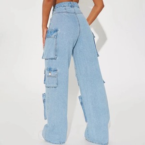 Pantalones Cargo de Mezclilla Azul Claro de Cintura Alta, Corte Holgado, Estilo Utilitario, Tela de Algodón Lavado a la Piedra, para Primavera - Product Image 2