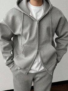 Survêtement gris chiné uni pour homme – Coupe régulière, respirant, écologique, vêtements de sport décontractés avec sweat à capuche zippé et pantalon de jogging - Product Image 3