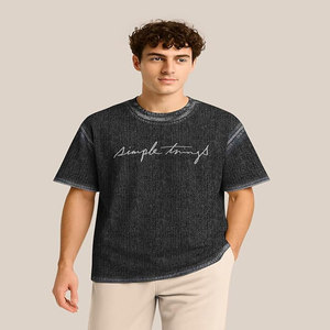 Surdimensionné à la mode marque hors épaule à manches courtes hommes été lourd lavé vieux T-shirt col rond ample polyvalent haut - Product Image 1