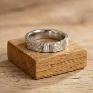 Unisex Hammered Finish Baguette Cut Lab Grown Wedding <b>Stacking</b> Band in Solid Gold Classic Handmade Matching <b>Ring</b> for Him or Her - Product Image 3