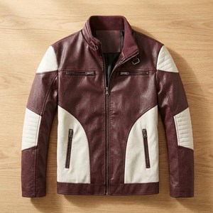 เสื้อแจ็คเก็ตหนัง PU สีขาวเบอร์กันดีสำหรับผู้ชาย คอตั้ง ซิปปิด ทรงเข้ารูป แต่งสีตัดกัน เหมาะสำหรับใส่ในฤดูใบไม้ร่วง - Product Image 4