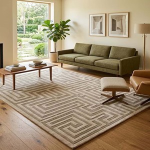 Alfombra Moderna Geométrica Beige con Patrón Abstracto de Laberinto, Alfombra de Lana de Lujo para Sala de Estar, Dormitorio, Alfombra Decorativa para el Hogar - Product Image 6