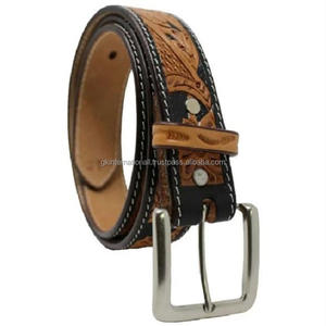 Made in India Handcrafted Lead <b>Engraved</b> Two Tone Men's Western Leather <b>Tooling</b> Belt Nickel Plated Single Pin Metal Buckle - Product Image 2