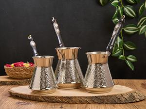 3-Piece Silver Turkish Coffee Pot <b>Set</b> Textured Silver Plated Copper Cez Ibrik Premium <b>Arabic</b> Coffee Maker <b>Set</b> with Inlaid handle - Product Image 6