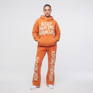 Flared Custom Streetwear Manufacturer Embroidery <b>Vintage</b> Distressed Applique Sweatpants And Hoodie Set <b>Tracksuit</b> For women - Product Image 1