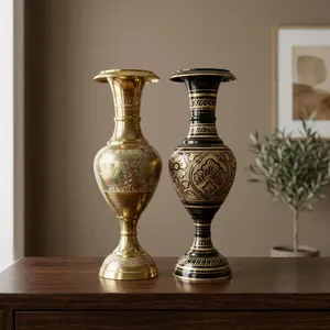 Handcrafted Brass and Black Metal <b>Decorative</b> <b>Vase</b> Floral Engraved Flower Holder Luxury Home Decor Table Centerpiece - Product Image 2