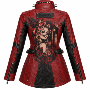 <b>Women</b> Red Genuine Leather <b>Jacket</b> Gothic Harley Girl Rose Print Spiked Stud Stand Collar Buckle Waist Long Coat Factory Offer - Product Image 2
