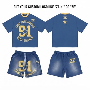 ZAINI Premium 100% Polyester 240 GSM Breathable Mens T Shirt <b>Shorts</b> <b>Set</b> Blue Custom Logo Distressed Embossed Hand Embroidery - Product Image 1