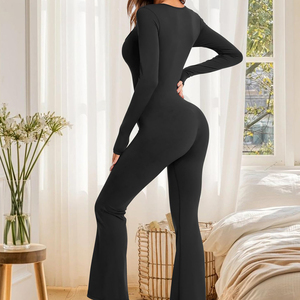 Mono largo de mujer negro de manga larga con cuello cuadrado, cintura alta, ajuste ceñido, control de abdomen, moldeador, de elastano y poliéster - Product Image 4