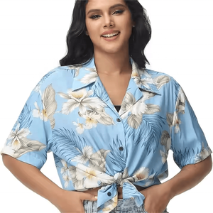 Nueva blusa de verano con botones y cuello en V, blusas de manga corta, Tops, camisas hawaianas con estampado Floral Tropical para mujeres, camisas de vacaciones - Product Image 5