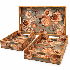 Plateau de service contemporain en bois artisanal imprimé avec des motifs d'oiseaux et de fleurs, avec poignée, pour la décoration de la maison, pour les célébrations de Diwali et de mariage - Product Image 2