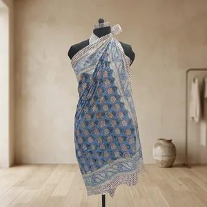 Blue Floral Hand Block Printed Cotton Sarong Scarf with Paisley Border Lightweight <b>Beach</b> <b>Wrap</b> Stole for Women - Product Image 2