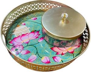 Premium Finish Metal Pichwai <b>Jar</b> with Tray Classic Design Stylish <b>Decorative</b> Storage Container for Home Decor and Gifting - Product Image 5