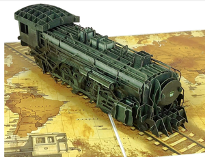 Tarjeta de felicitación 3D con diseño de locomotora de vapor en mapa vintage, papel con acabado mate, tarjeta de regalo - Product Image 4