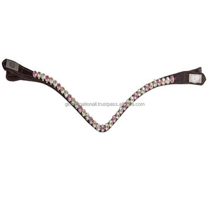 Black & Havana Brown English Saddle Leather Horse Brow Band Designed with 1 Row Round Glass <b>Crystals</b> Diamante Bling Brow Band - Product Image 2